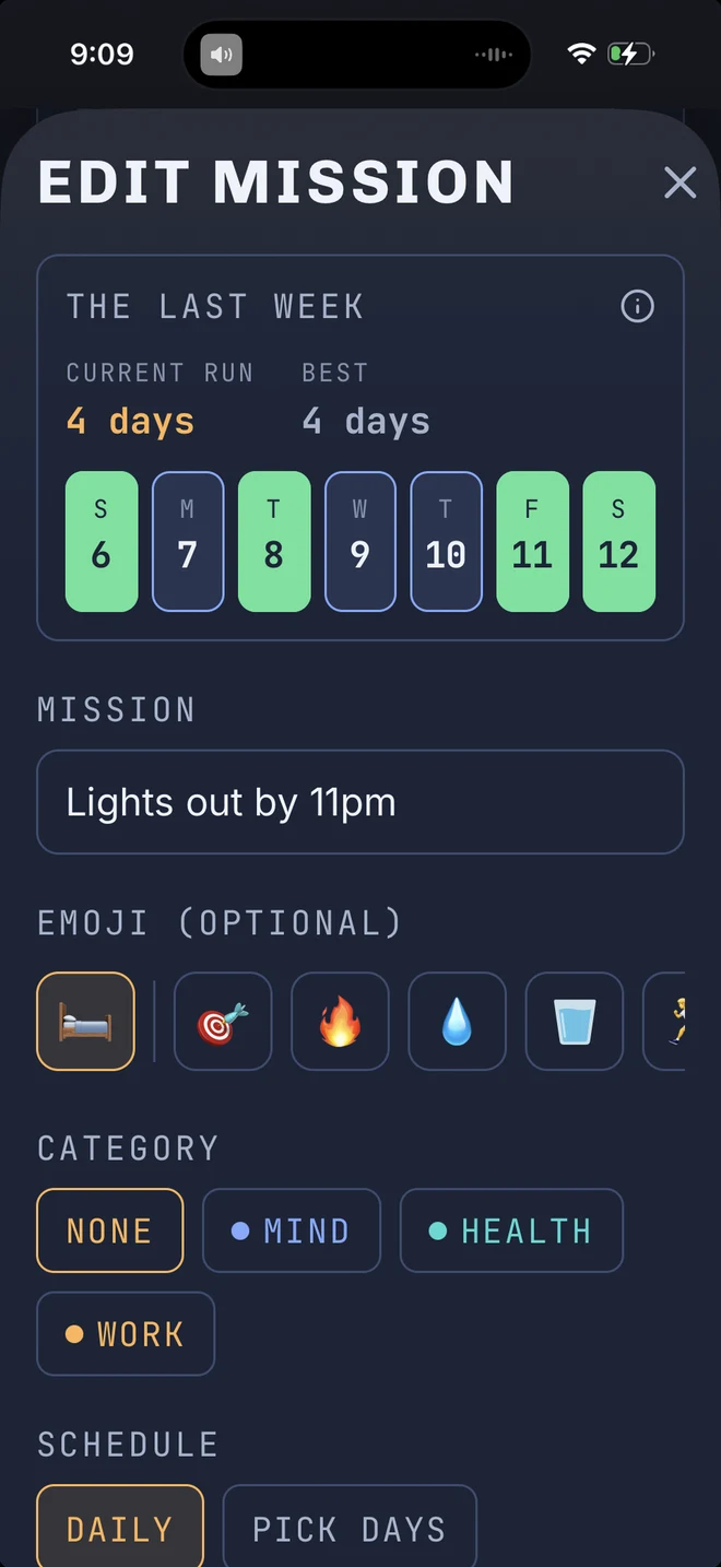 The mission editor for Lights out by 11pm: the last week as seven day pills with four of them green, the mission name, an icon picker, categories, and a daily or pick-your-days schedule.