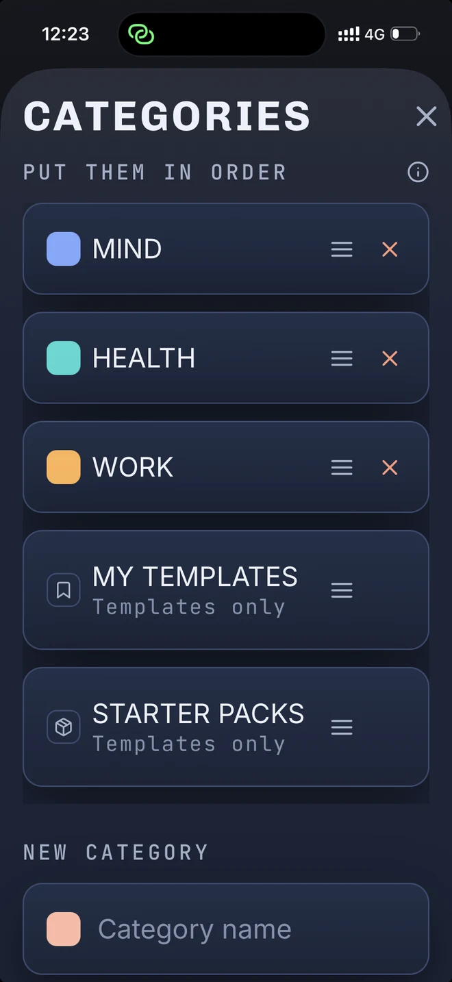 The Categories screen: Mind, Health and Work with colour swatches and drag handles, then My Templates and Starter Packs, and a field for a new category.